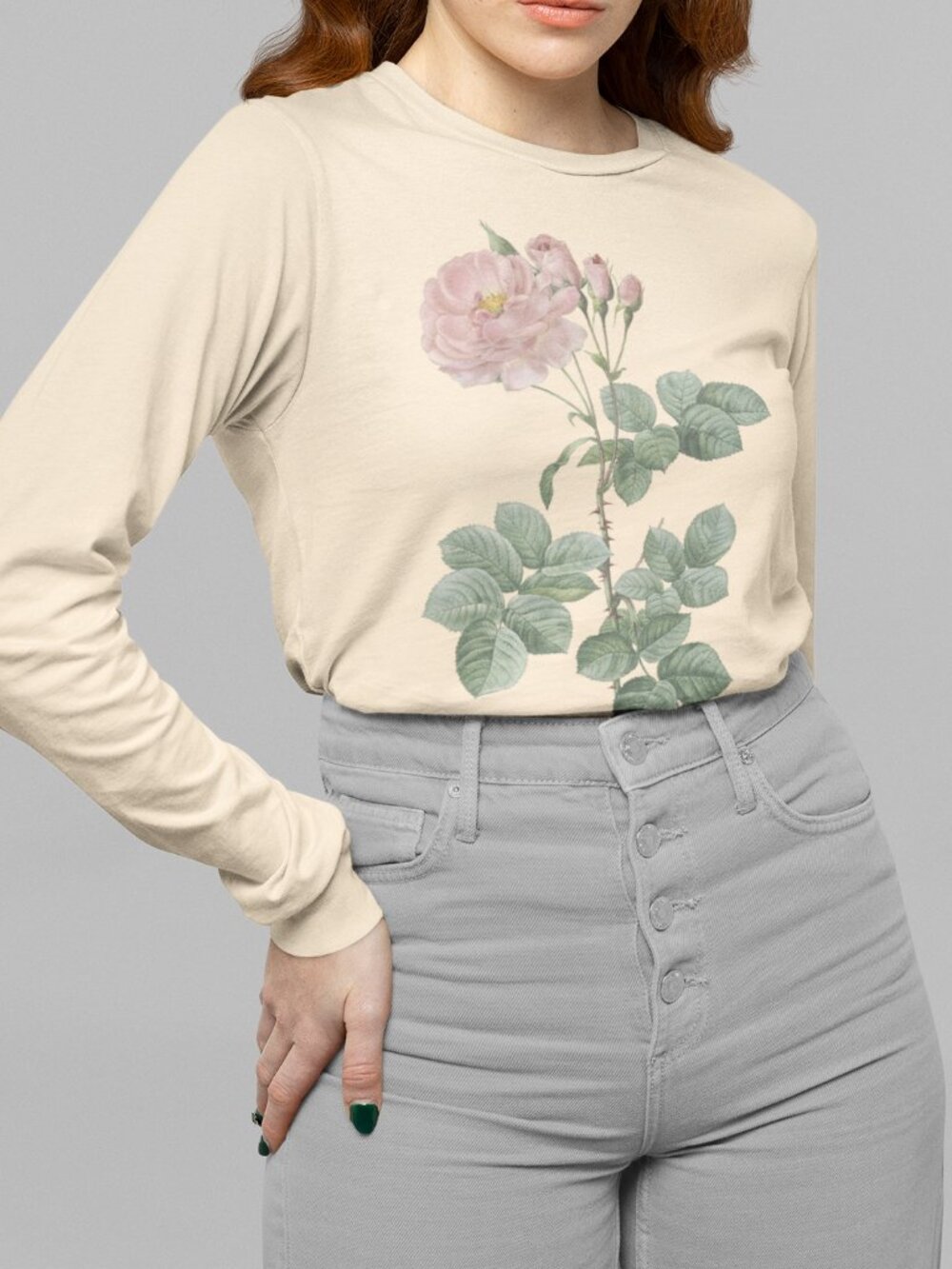 Rose Vintage Floral Print Long Sleeve Graphic Tee T-shirt S-XXL